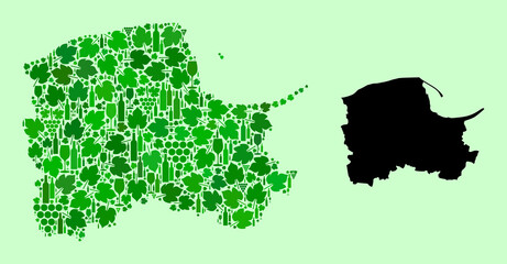 Obraz premium Vector Map of Pomerania Province. Mosaic of green grapes, wine bottles. Map of Pomerania Province mosaic designed with bottles, grapes, green leaves.
