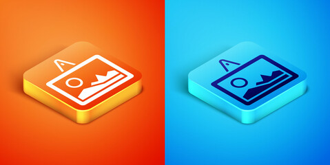 Isometric Picture icon isolated on orange and blue background. Vector