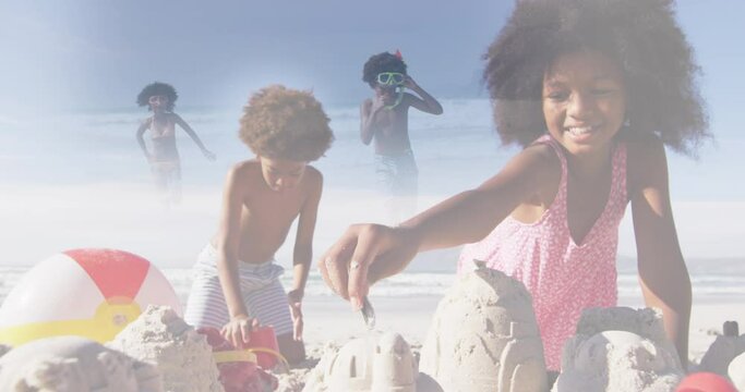 Composite of happy african american brother and sister making sandcastles, and running in sea