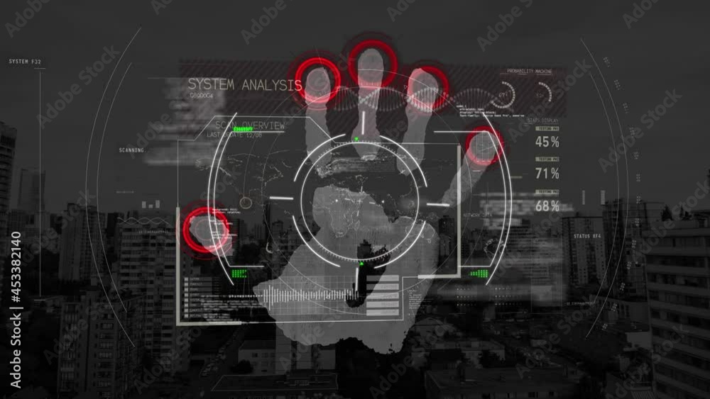 Poster animation of data processing over biometric handprint