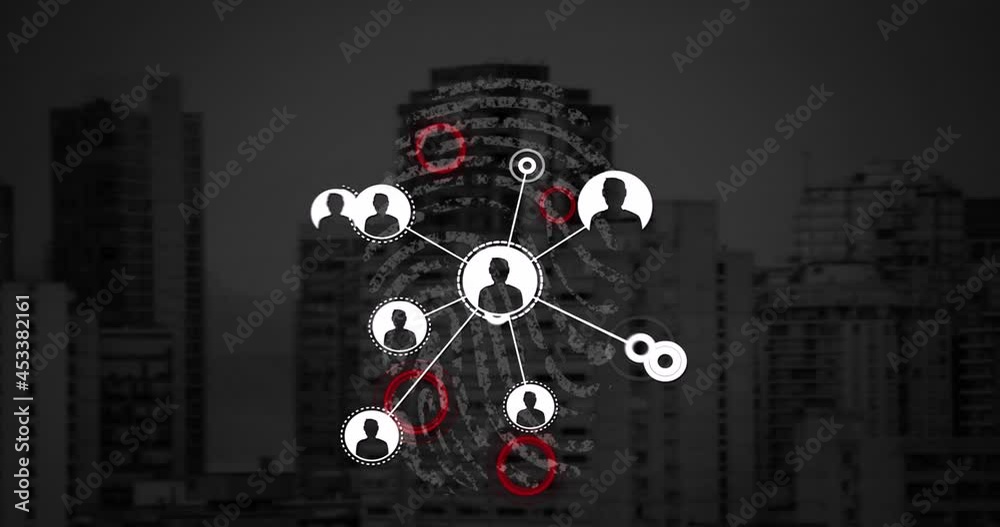Poster animation of data processing and network of connections over biometric fingerprint