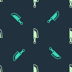 Green and beige Knife icon isolated seamless pattern on blue background. Cutlery symbol. Vector