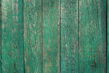 Fototapeta na wymiar old wooden planks with cracked green paint