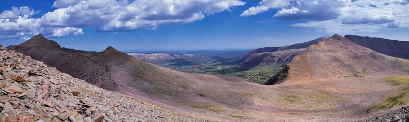 Landscape views from Kings Peak panorama in Uintah Rocky Mountains from Henry&rsquo;s Fork hiking trail in summer, Ashley National Forest, High Uintas Wilderness, Utah. United States. USA