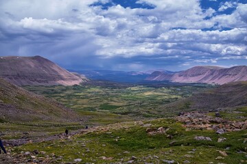 Landscape views from Kings Peak panorama in Uintah Rocky Mountains from Henry’s Fork hiking trail in summer, Ashley National Forest, High Uintas Wilderness, Utah. United States. USA
