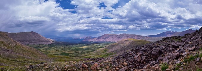 Landscape views from Kings Peak panorama in Uintah Rocky Mountains from Henry’s Fork hiking trail in summer, Ashley National Forest, High Uintas Wilderness, Utah. United States. USA