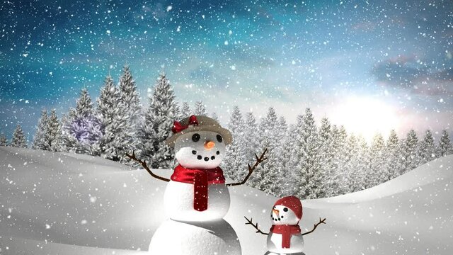 Animation of snow falling over snowman in winter landscape