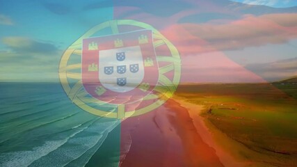 Animation of flag of portugal blowing over beach seascape - Powered by Adobe