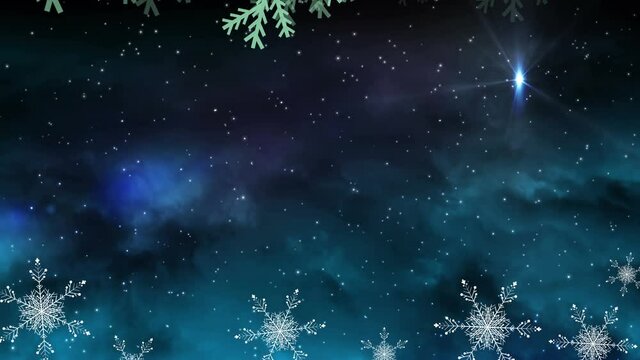 Animation of fir trees branches with decoration over snow falling
