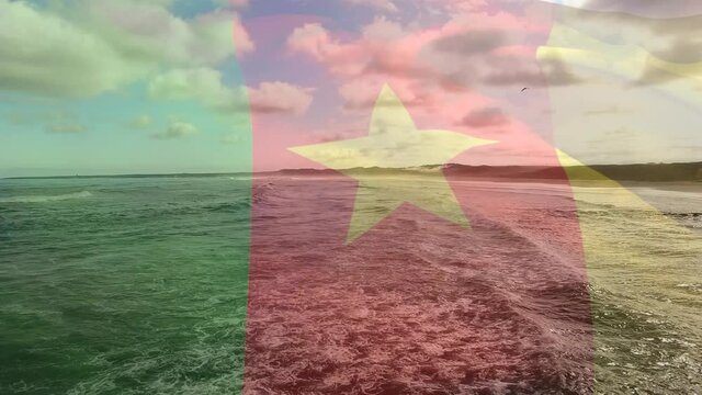 Animation Of Flag Of Cameroon Blowing Over Beach Seascape