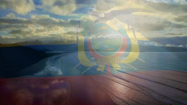 Animation of flag of equador blowing over beach seascape