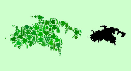 Vector Map of Saint John Island. Composition of green grape leaves, wine bottles. Map of Saint John Island mosaic designed with bottles, berries, green leaves.