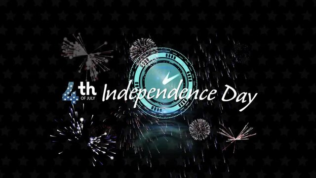 Animation of fourth of july text with flag of america colours over clock and fireworks