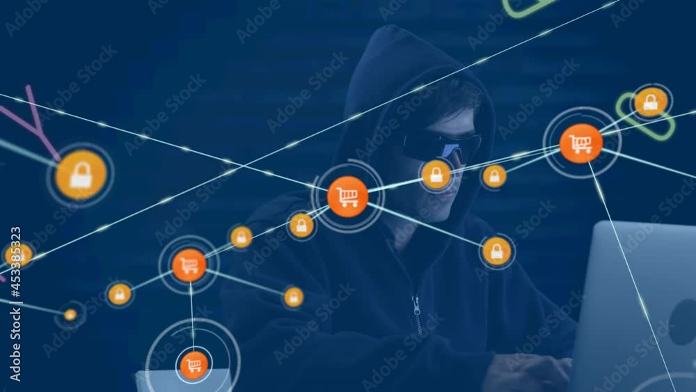 Poster Animation of network of connections over hacker using computer