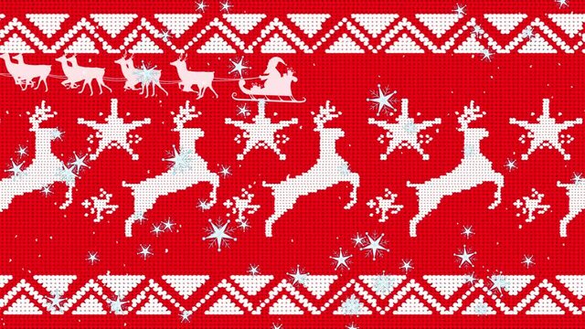 Animation of santa claus in sleigh with reindeer over snow falling and christmas reindeer pattern
