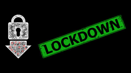 Glare crossing mesh lock down framework with bright dots, and green rectangle rubber Lockdown seal. Constellation vector mesh created from lock down symbol and crossed white lines.