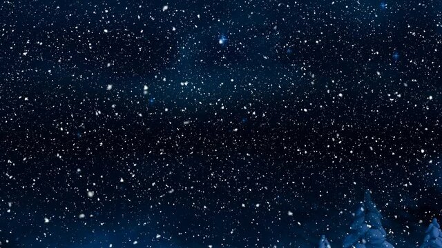 Animation of snow falling over fir trees and stars in winter scenery