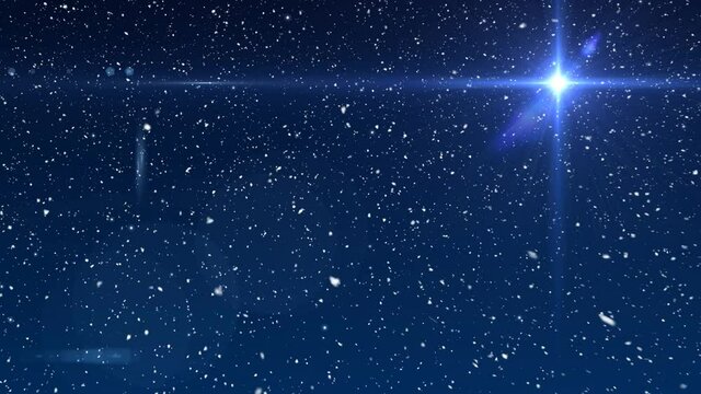 Animation of snow falling over glowing star in winter scenery