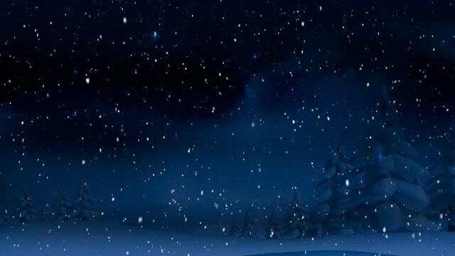 Animation of snow falling over fir trees in winter scenery