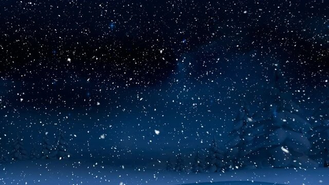 Animation of snow falling over fir trees in winter scenery