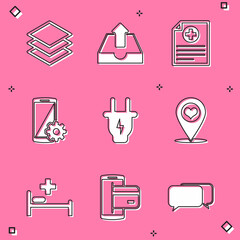 Set Layers, Upload inbox, Clinical record, Setting on smartphone, Electric plug and Map pointer with heart icon. Vector