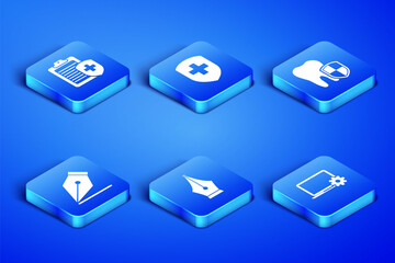 Set Laptop and gear, Clipboard with medical insurance, Fountain pen nib, , Medical shield cross and Dental protection icon. Vector