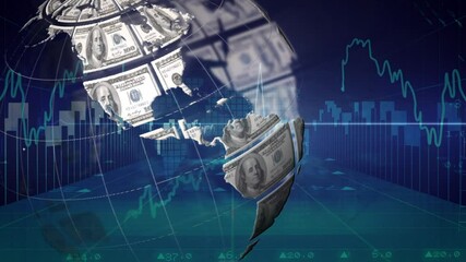 Animation of globe formed with american dollar banknotes and data processing - Powered by Adobe