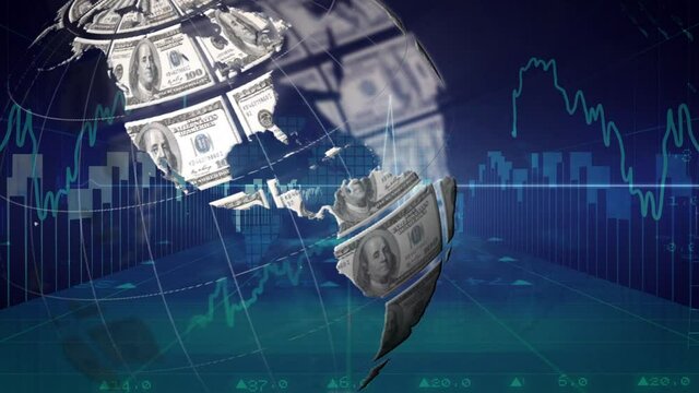 Animation of globe formed with american dollar banknotes and data processing