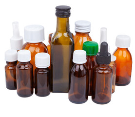 Cough syrup bottles, tablets and medicines isolated white. SET BROWN BOTTLE.