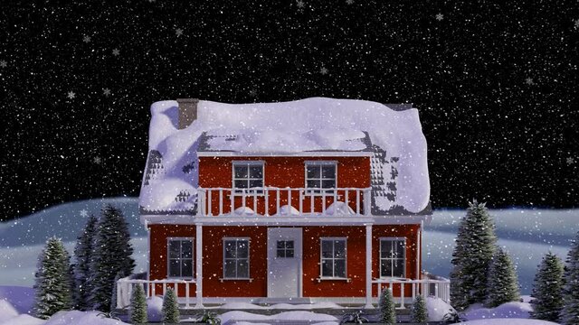 Animation of snow falling over house covered in snow and winter landscape background