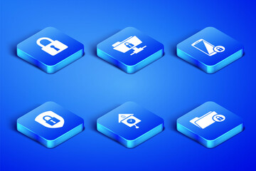 Set Folder and lock, Lock, Retro wall watch, Shield security with, FTP folder and Smartphone icon. Vector