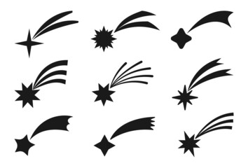 Comet falling star silhouette black set. Meteorites, asteroids, sparks of fireworks isolated on white background. Shooting stars icon for apps and web. Vector illustration