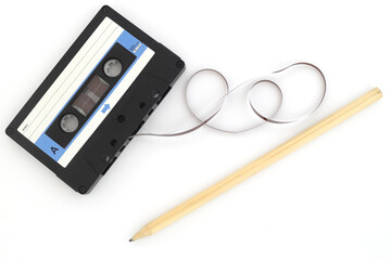 A pen for rewind cassette tape compact retro on white background