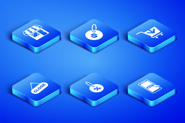 Set Mobile and shopping cart, Market store, Discount percent tag, Hanging sign with Close, Price dollar and Add Shopping icon. Vector