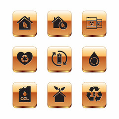 Set Eco friendly house, Canister machine oil, Battery with recycle, heart, Radioactive waste barrel, and icon. Vector