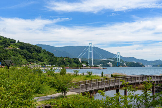 Coastal scenery of the Seto Inland Sea, Tobishima Seaway, View from Shimokamagari Island toward the Akinada Bridge