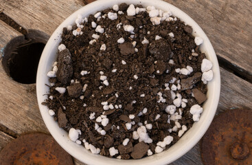 Gardening materials. Top closeup view of compost with perlite in a white bowl on the wooden table....