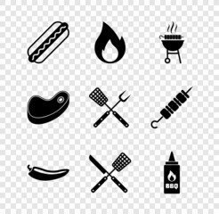 Set Hotdog sandwich, Fire flame, Barbecue grilled shish kebab, chili pepper pod, Crossed knife spatula, Ketchup bottle, Steak meat and fork icon. Vector