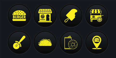 Set Pizza knife, Fast street food cart, Taco with tortilla, Aluminum can soda and donut, Ice cream, Pizzeria building facade, Location burger and Burger icon. Vector