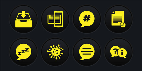 Set Speech bubble with snoring, File document service, Bacteria, chat, Hashtag speech, Smartphone and book, Question Exclamation and Download inbox icon. Vector