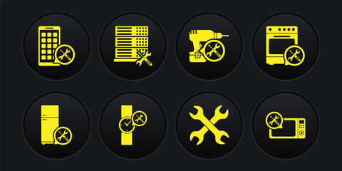 Set Refrigerator service, Oven, Wrist watch, Crossed wrenchs, Drill machine, Database server, Microwave oven and Mobile Apps icon. Vector