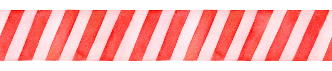 Fototapeta premium Seamless repeatable border of red and white decorative pattern with diagonal stripes. Hand painted watercolor illustration for design, greeting card, web site, scrapbooking, print, wrapping paper.