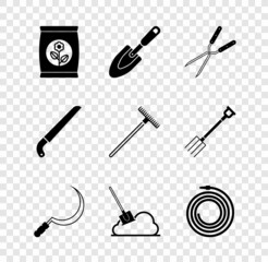 Obraz premium Set Fertilizer bag, Garden trowel spade or shovel, Gardening handmade scissor, Sickle, Shovel the ground, hose fire hose, saw and rake icon. Vector