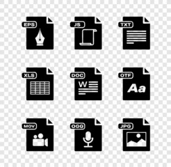 Set EPS file document, JS, TXT, MOV, OGG, JPG, XLS and DOC icon. Vector