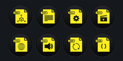 Set HTML file document, MOV, WMA, GIF, DLL, TXT, CSS and OBJ icon. Vector