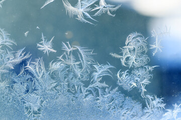 frost crystal on window glass in winter season