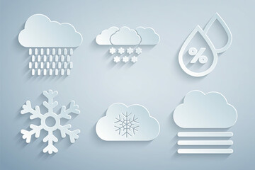 Set Cloud with snow, Water drop percentage, Snowflake, Fog and cloud, and rain icon. Vector