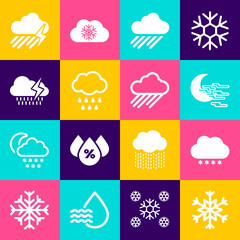 Set Snowflake, Cloud with snow, Fog and moon, rain, and lightning icon. Vector