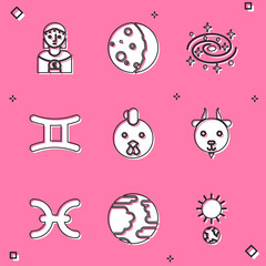 Set Astrology woman, Eclipse of the sun, Milky way spiral galaxy, Gemini zodiac, Rooster, Aries, Pisces and Planet Mercury icon. Vector