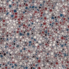 Seamless red white and blue pattern of packed polygons with overlay texture. High quality illustration. Stylish and sophisticated confetti terrazzo motif swatch in repeat. Grungy but simple elements